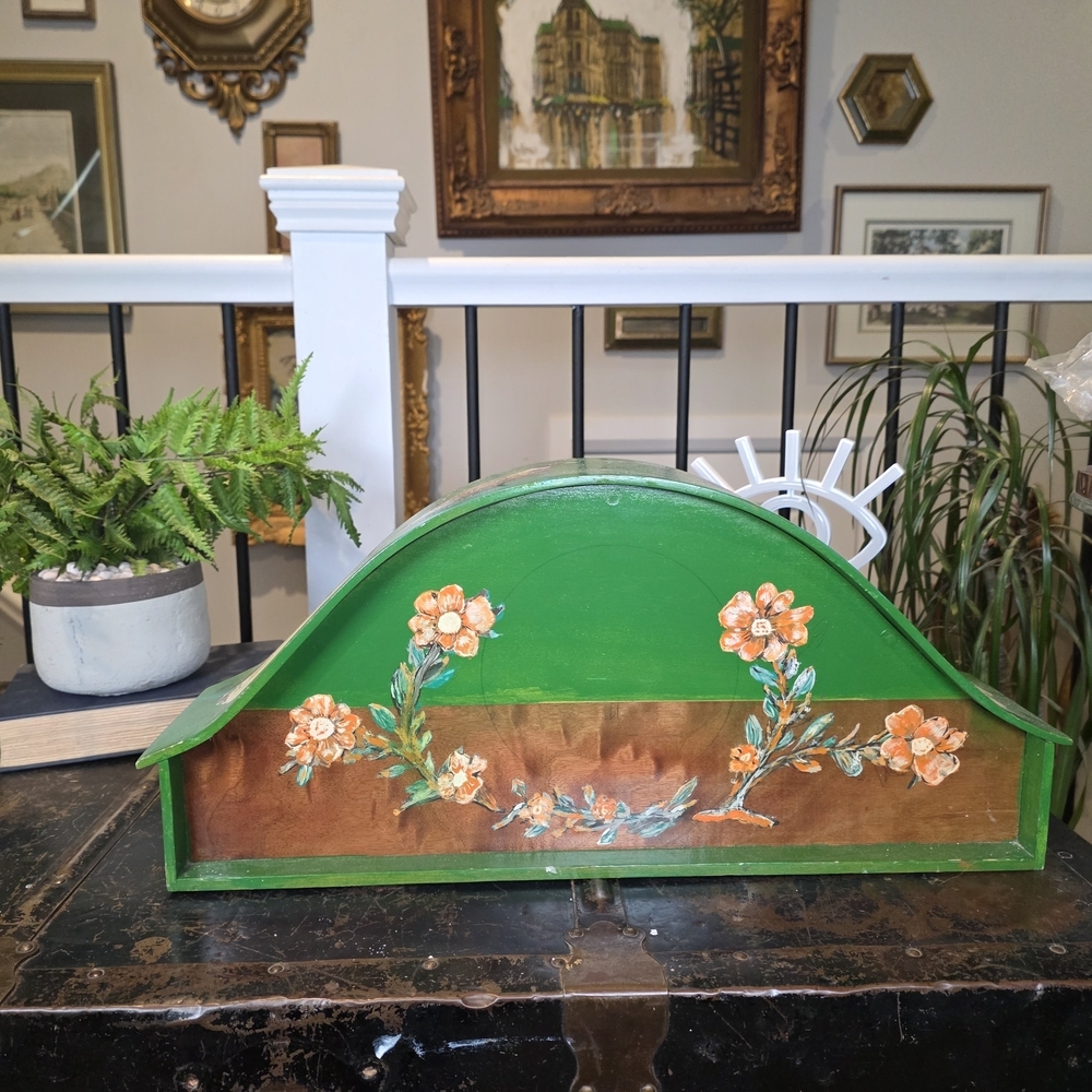 Vintage Hand-Painted Wooden Dome Box / Bellows Cover - Folk Art Birds & Flowers